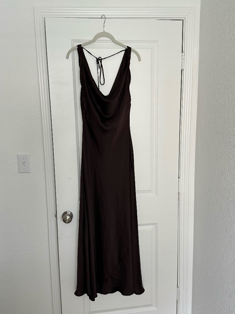 NWT Zara Dark Brown Satin Cowl Neck Gown, Large